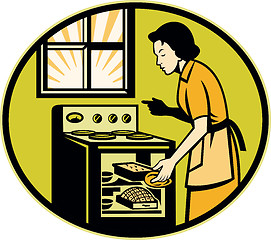 Image showing Housewife Baking Bread Pastry Dish Oven Retro