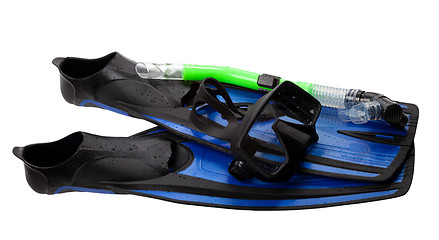 Image showing Mask, snorkel and flippers with water drops