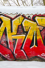 Image showing Graffiti old grunge house wall snow winter vandal 