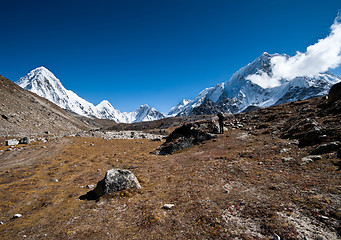 Image showing Hiking in Himalayas: Pumori summit and mountains