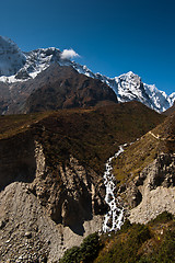 Image showing Himalaya landscape: stream and snowed peaks