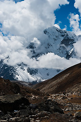 Image showing Trekking in Himalaya: rocks and mountains 