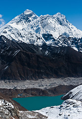 Image showing Everest, Nuptse and Lhotse peaks. Gokyo lake and village