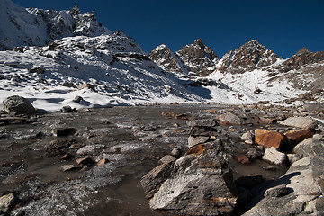 Image showing Renjo pass: stream and peaks in Himalayas