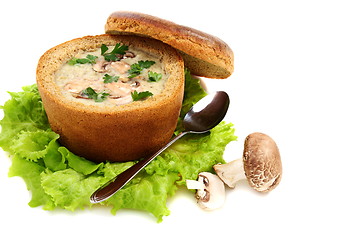 Image showing Potato soup in a bread bowl.