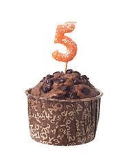 Image showing Chocolate muffin with birthday candle for five year old