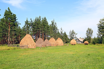 Image showing stack hay on green field