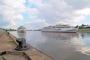 Image showing three motor ships on quay