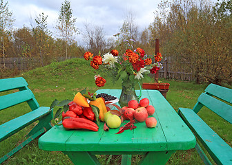 Image showing autumn still life on green table