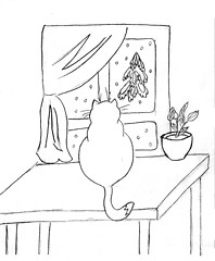 Image showing drawing of the cat on table against window