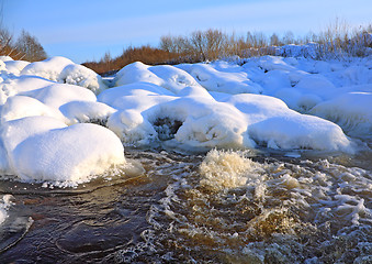 Image showing river flow amongst snow stone