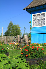 Image showing summer flowerses near rural building 