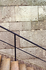 Image showing Architectural fragment. Stairs and wall of concrete blocks. 