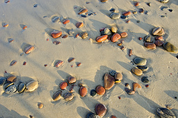 Image showing Colorful wet pebbles rubed by waves in sea sand. 