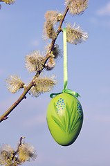 Image showing spring easter sign egg hanging pussy willow branch 