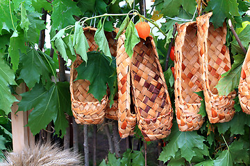 Image showing wooden footwear amongst green sheet