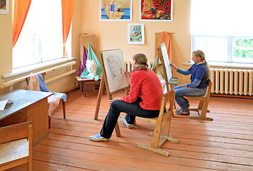 Image showing two girls draw in studio