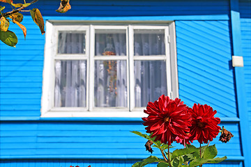 Image showing red flowerses against wooden rural building