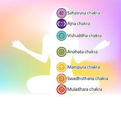 Image showing Woman in lotus position with seven chakras. EPS 8