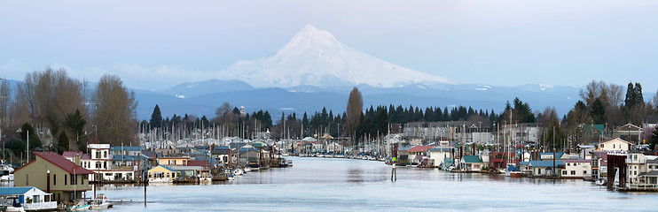 Image showing Boat Houses Along Columbia River and Mount Hood