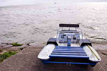 Image showing water bike catamaran on lake concrete pier ship 