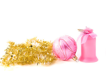 Image showing golden tinsel with pink glass decoration