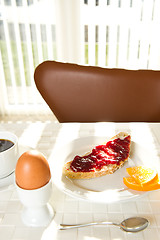 Image showing Egg, bread with jam