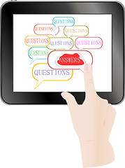 Image showing Hand check answer cloud on Touch screen of Tablet PC