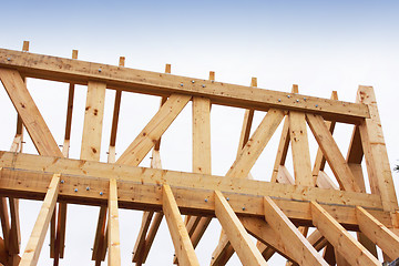 Image showing construction of the wooden frame of a roof