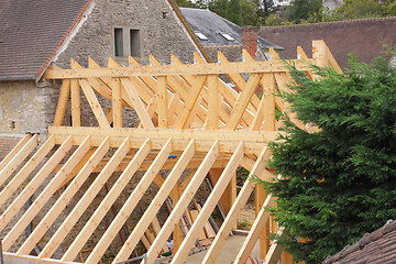 Image showing construction of the wooden frame of a roof