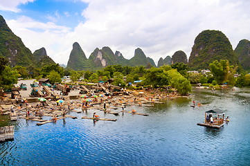 Image showing Bamboo rafting in Yangshuo li river