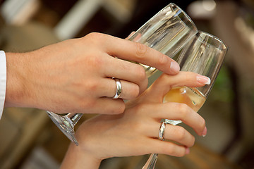 Image showing bride and groom holding glasses