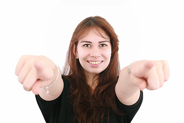 Image showing Business woman point finger at you looking at camera. Isolated o