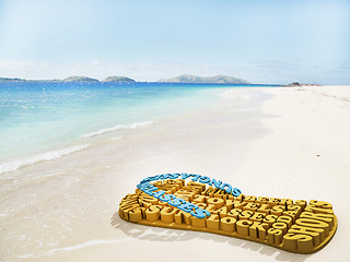 Image showing beach shoes made of summer words on the beach on a bright day 