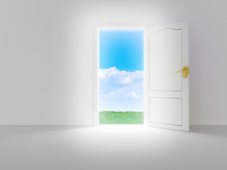 Image showing Empty white room with opened door and beautiful view, 3d render