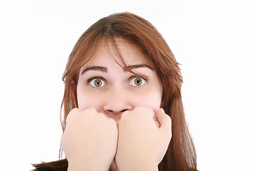 Image showing scared woman screaming with hands on the mouth isolated on white