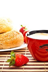 Image showing coffee, buns and strawberries