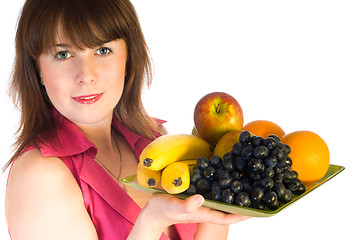 Image showing beautiful girl with dish of fruits
