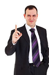 Image showing smiling businessman raise finger up