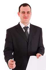 Image showing smiling businessman offer sign paper