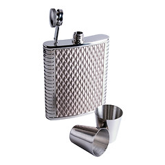 Image showing alcohol grooved flask and two steel drinks