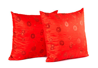 Image showing two red decorative pillows with pattern