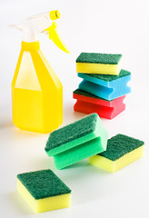 Image showing yellow spray bottle and multicolored sponges