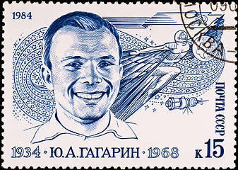 Image showing postage stamp shows first russian spaceman Yuri Gagarin, circa 1