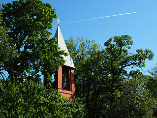 Image showing Bell tower on blue sky background