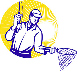 Image showing Fly Fisherman Fishing Net Retro Woodcut