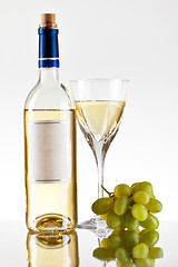 Image showing bottle and glass of wine, grape bunch