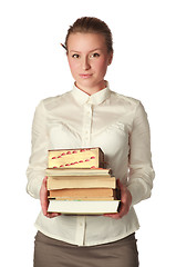 Image showing strict teacher with books and pen