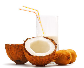 Image showing coconut, kiwi and glass with coco milk