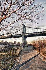 Image showing Manhattan Bridge Detail with Tree, New York City